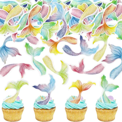 Miniatura 19 de 40 piezas comestibles bajo el mar, sirena, cupcakes, algas, pulpos, estrellas de mar, cupcakes, lindos animales del océano, selecciones de alimentos