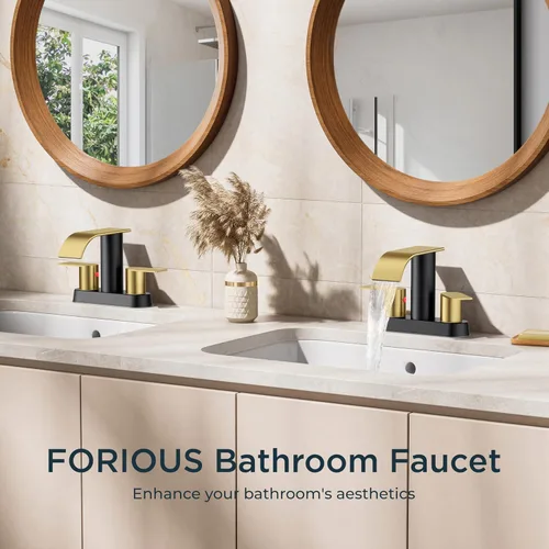 Miniatura 3 de FORIOUS Grifos de baño negros y dorados, cascada de 4 pulgadas con drenaje desplegable de metal y manguera cUPC para lavabo, tocador, RV, pedestal
