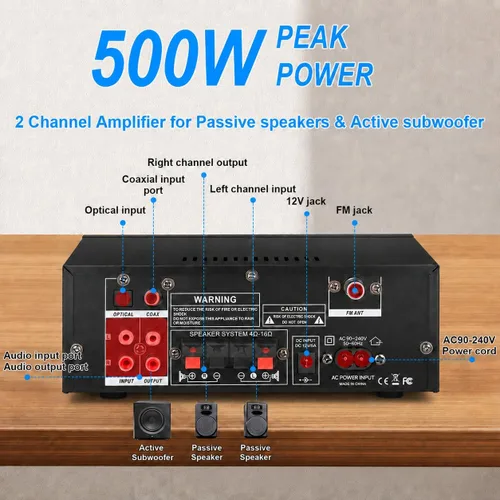 Miniatura 3 de Romica AK55 Amplificador de audio estéreo, 2 canales 500 W Bluetooth 5.0 Receptores estéreo de audio doméstico con FM, Echo, AUX, USB, SD, MIC