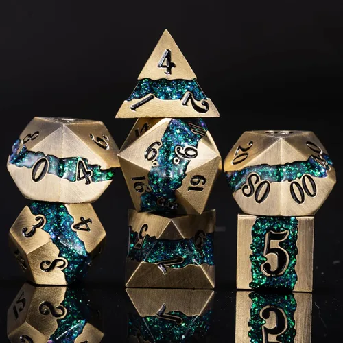 Miniatura 13 de Dados poliédricos DND de metal, juego de dados metálicos con purpurina a rayas grandes, juego de 7 dados plateados antiguos para juegos de rol