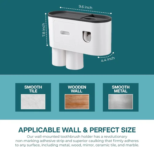 Miniatura 2 de Soporte para cepillo de dientes para baño, 2 tazas, montado en la pared con dispensador automático de pasta de dientes, bandeja de gran capacidad