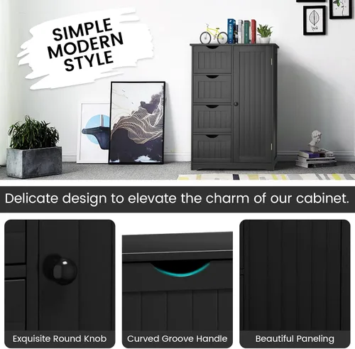 Miniatura 6 de COSTWAY Armario de almacenamiento de baño, organizador de almacenamiento de madera con 4 cajones profundos y estante ajustable, gabinete de piso