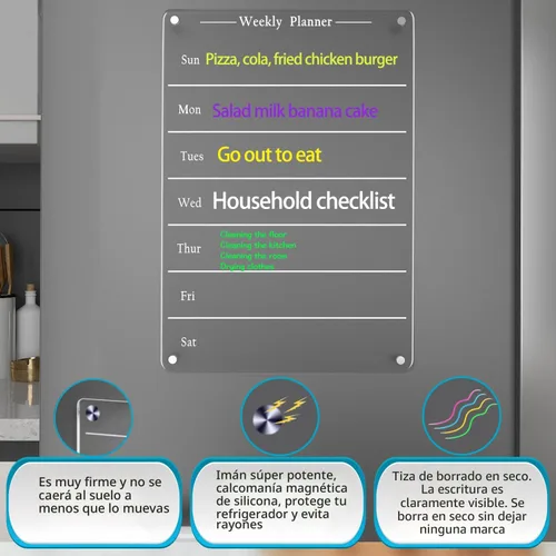 Miniatura 5 de Planificador semanal transparente de comidas de 9 x 13 pulgadas, tablero acrílico magnético de borrado en seco para refrigerador, calendario semanal