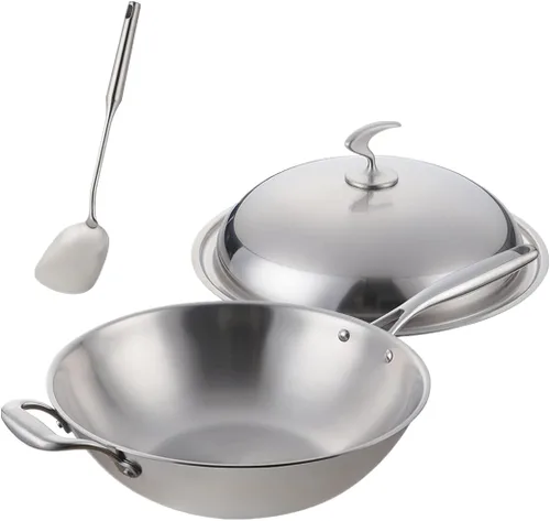 Miniatura 6 de QIBOORUN SUS 304 - Sartén de acero inoxidable con tapa y espátula, sartén de acero inoxidable compatible con inducción con tapa, sartén para chefs