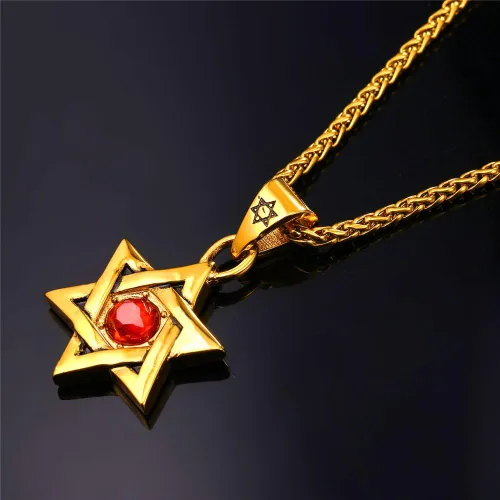 Miniatura 46 de U7 - Collar con Estrella de David para hombres y mujeres, dije hexagonal de acero inoxidable con cruz/piedra de rubí/collares clásicos judíos