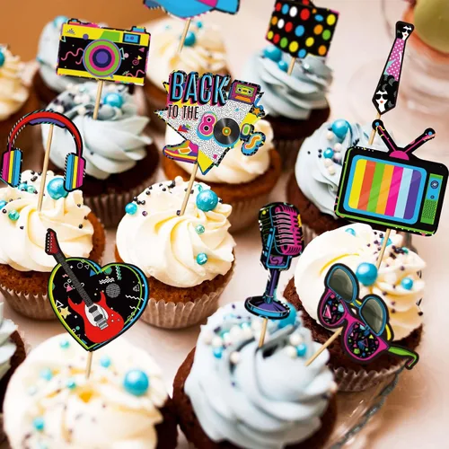 Miniatura 6 de Clabby 32 piezas de decoración para cupcakes de los años 80 y 90, decoración de fiesta de cumpleaños, decoración de pastel de hip hop, decoración