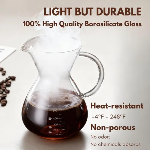 Miniatura 5 de Cafetera vertida, jarra de vidrio de borosilicato de 27 onzas (27.1 fl oz), filtro de acero inoxidable reutilizable, gotero sin papel