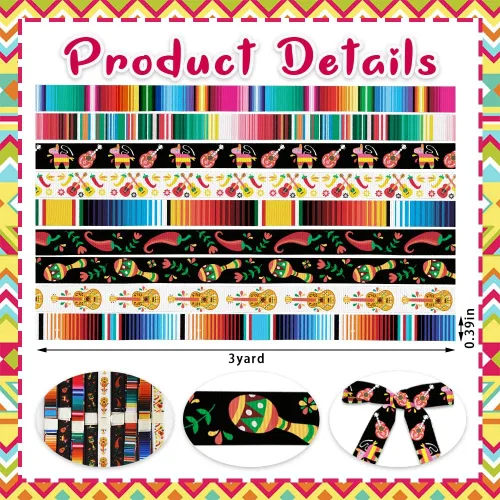 Miniatura 2 de 9 rollos de cinta para fiesta de 3/8 pulgadas, cinta de grogrén mexicano de serape mexicano, colorido, degradado, arcoíris, rayas, piñata, cactus