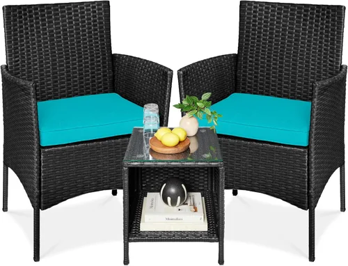 Miniatura 11 de Best Choice Products Juego de 3 piezas de mimbre para conversación al aire libre, muebles de patio que ahorran espacio para jardín con mesa