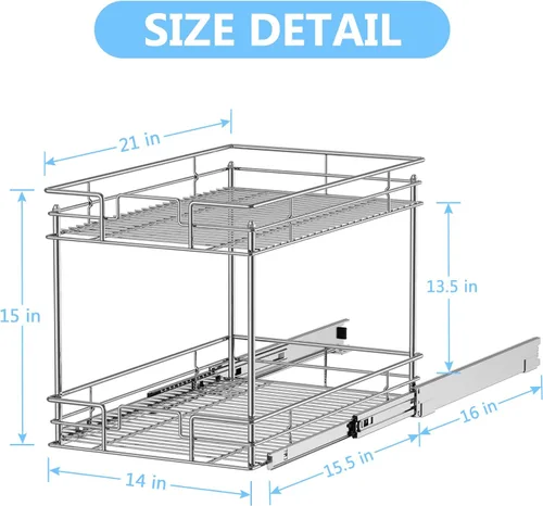 Miniatura 6 de LOVMOR Organizador de gabinete extraíble de 2 niveles, 14 pulgadas de ancho x 21 pulgadas de profundidad, cajón extraíble cromado para gabinete Plata