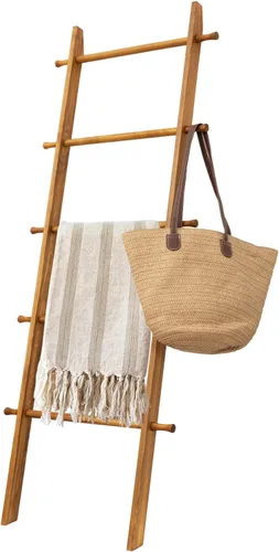 Miniatura 11 de Escalera para Mantas de 6 Niveles – Perchero de Edredones de 5.5 Pies (1.68 m) para Apoyar en la Pared, Almacenamiento de Mantas Estilo Granja