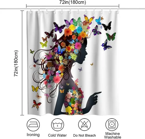Miniatura 4 de Cortina de ducha de tela para bañeras de baño con diseño floral de mujer, con 12 ganchos, 72 x 72 pulgadas, poliéster, lavable a máquina, rosa