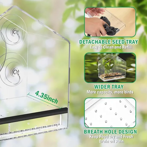 Miniatura 7 de Comedero para pájaros con ventosas fuertes, bandeja extraíble extra profunda de 4.35 pies para gran capacidad, casa de pájaros transparente