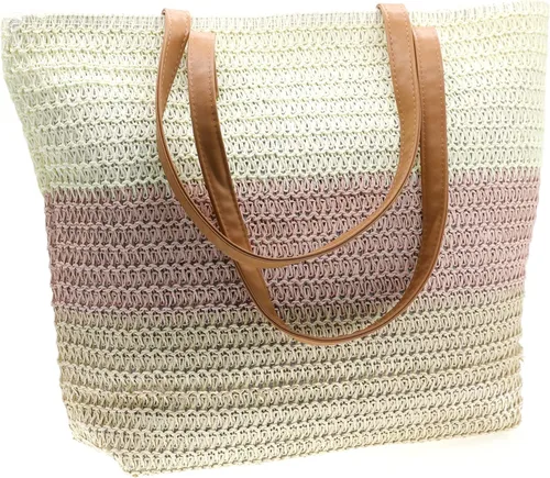 Miniatura 4 de Bolso grande de paja para mujer, tejido de ratán, bolso de playa de verano, a rayas