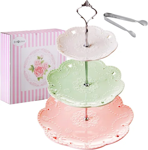 Miniatura 9 de Jusalpha 3-Tier porcelana china pastel soporte para postres, pasteles, fiesta de té, bandeja de servir, Dorado