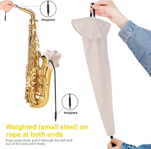 Miniatura 5 de Kits de limpieza de saxofón con estuche para instrumentos de trompeta, flauta de saxo y clarinete, 8 cojines de boquilla de saxofón, cepillo de Beige