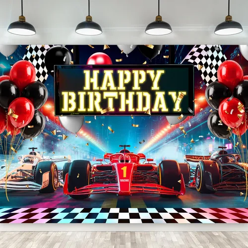 Miniatura 6 de Riyidecor Telón de fondo de feliz cumpleaños de coche de carreras, bandera de cuadros negros y blancos de neón de 5 pulgadas de ancho x 3 pies