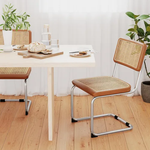 Miniatura 7 de Juego de 2 sillas de comedor de ratán modernas de mediados de siglo con respaldo tejido de ratán natural y asiento, sillas laterales tapizadas sin