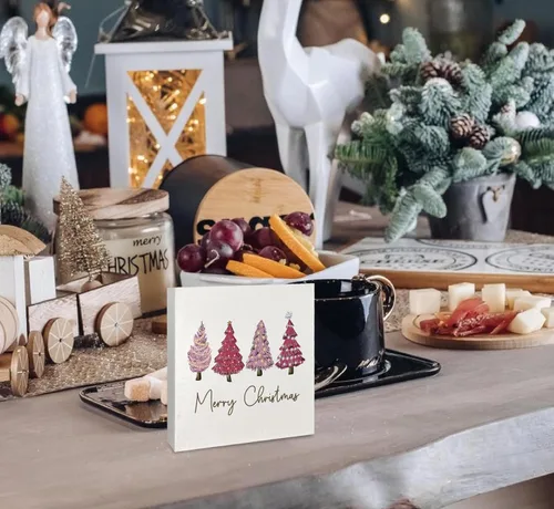 Miniatura 5 de KEUSPI Letrero de madera con texto en inglés "Merry Christmas", placa de madera de gnomo de Navidad, decoración para mesa, letreros de gnomos