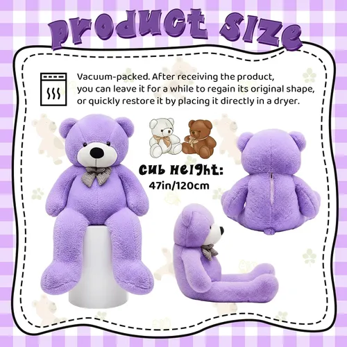 Miniatura 2 de Meooeck - Oso de peluche grande y grande, bonito regalo de felpa para novia, esposa, amante, aniversario de cumpleaños (lazo, 4 pies, morado)