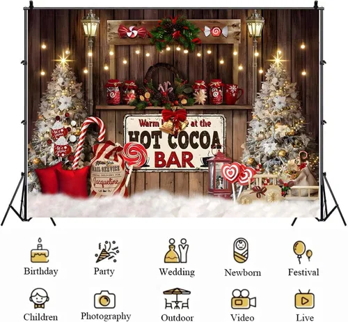 Miniatura 4 de Telón de fondo de cacao caliente de Navidad para fotografía – Fondo de decoración de cetro y árbol de tienda de golosinas – Decoración de fiesta