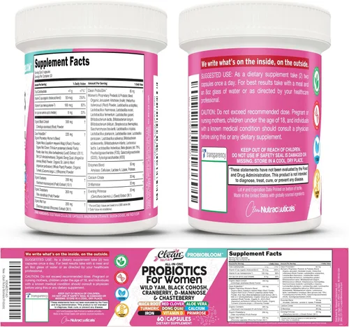 Miniatura 9 de Clean Nutraceuticals Probióticos para mujeres con D manosa, extracto de arándano, ñame silvestre, chasteberry – 20 cepas probióticas y prebióticas