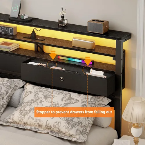 Miniatura 3 de Furnulem Full Size Bed Frame with Headboard, 3-Tier Storage Shelves & 2 Fabric Drawers, Built-in Charging Station & RGB LED Lights, Metal Slat