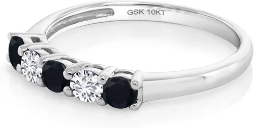 Miniatura 4 de Gem Stone King 050 Ct Round Black Onyx White Diamond 10K White Gold 5-Stone Band Ring