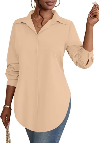 Miniatura 26 de Rooscier Blusa larga con cuello en V para mujer, manga larga, abertura lateral, con botones