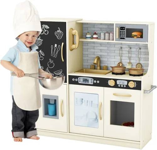 Play Kitchen, juguete de cocina de madera para niños con microondas, nevera, horno fácil de hornear, pizarra y máquina de hielo, juguetes de cocina
