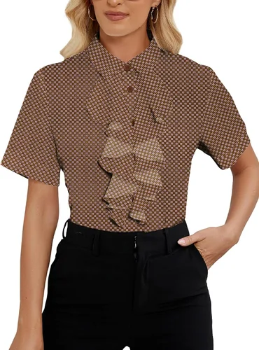 Miniatura 21 de Vrtige Women's Ruffle Front Collar Neck Button Down Short Sleeve Blouse Shirt Top