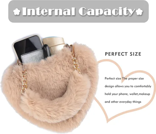 Miniatura 5 de TANOSII Bolso de piel sintética con forma de corazón, bolso de noche esponjoso, bolso cruzado con asa superior para mujeres y niñas