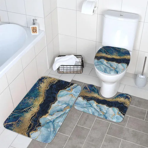Miniatura 8 de Evealyn Juego de 3 tapetes de baño antideslizantes y absorbentes para baño, color azul marino, juego de alfombras de ducha para baño, dormitorio