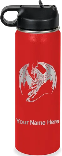 Miniatura 34 de LaserGram Botella de agua con tapa abatible de doble pared de 12 onzas con pajilla, dragón, grabado personalizado incluido (negro)