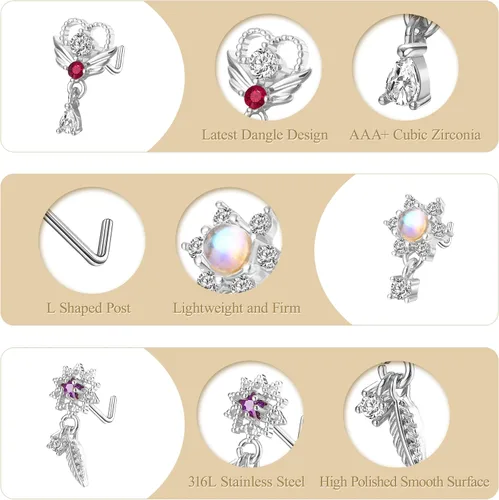Miniatura 4 de Dochias - 9 aretes colgantes de nariz de 20 G para mujer, de acero inoxidable, en forma de L, corazón, flecha, plumas, copo de nieve, ala de copo