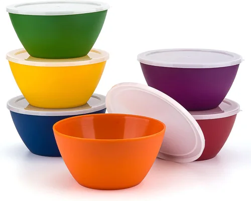 KX-WARE Juego de 6 cuencos de plástico con tapas, irrompibles y reutilizables, de 6 pulgadas, para cereales, sopas y ensaladas, multicolor, aptos