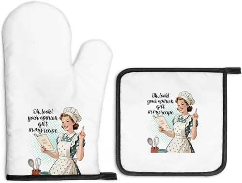 Miniatura 14 de Always Use Protection - Juego de guantes de horno y soportes para ollas, divertidos guantes de cocina retro para panaderos, regalos de inauguración
