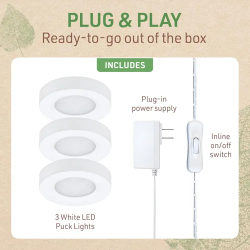 Miniatura 3 de Kit de iluminación LED para debajo del gabinete con 3 luces LED de disco blanco cálido de 3000 K, interruptor de encendido/apagado y enchufe