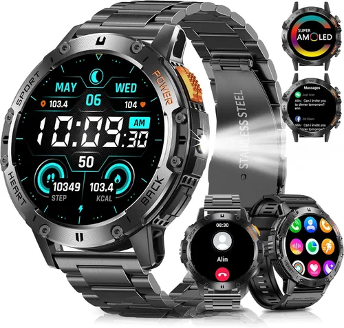 Miniatura 11 de Relojes inteligentes militares para hombres con llamada Bluetooth, reloj inteligente impermeable AMOLED de 1.43" con linterna, rastreador de fitness