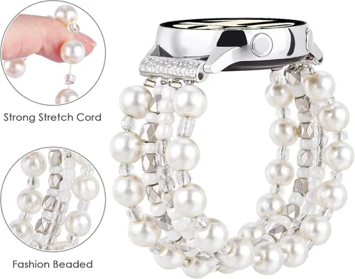 Miniatura 3 de VISOOM Pulsera boho de cuentas compatible con Samsung Galaxy Watch 8/7/6/5/4 de 40/44mm/Active 2 Watch 4 Classic de 42mm para mujer, pulsera Blanco