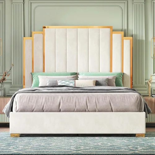 Miniatura 7 de HOWE Base de cama tamaño Queen y cabecera de 61 pulgadas, cama tapizada con borde chapado en oro, cama de plataforma moderna, no necesita somier