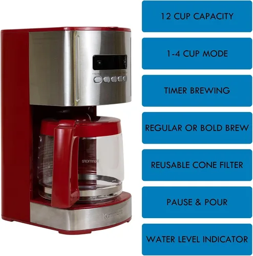 Miniatura 3 de Kenmore - Cafetera de goteo – Máquina de café programable de 12 tazas con jarra de vidrio, preparación regular y fuerte, apagado automático