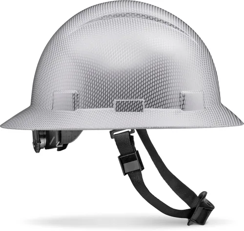 Casco duro de construcción OSHA con diseño de fibra de carbono de ala completa, sin ventilación, acabado brillante, con suspensión de 6 puntos por