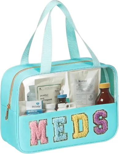 Miniatura 13 de BuyCard Bolsas de Viaje Transparentes con Parche de Letra de Chenilla, Bolsa de Maquillaje Preppy de PVC y Nylon con Asa y Cremallera, Bolsa