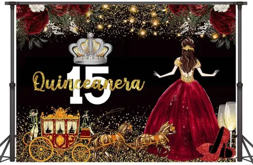 Miniatura 4 de Vestido rojo, fondo de flores de rosa, telón de fondo de cumpleaños de quinceañera para niña, princesa, feliz cumpleaños 15, carruaje de fotografía