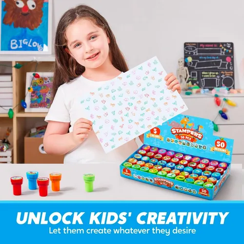 Miniatura 5 de JOYIN 50 sellos de animales para niños, con 50 diseños diferentes, granja, animales marinos, sellos para manualidades, caja de premios juguetes