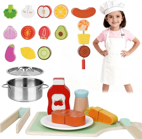 EDUBEBO Juego de alimentos de madera para niños pequeños, cortar alimentos para actividades preescolares, accesorios de cocina para niños, juguetes