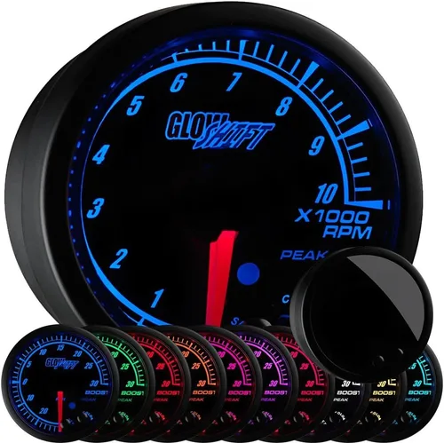 GlowShift Elite - Tacómetro de 10 colores de 10,000 rpm, incluye luz de advertencia gratuita, para motores de gasolina de 1 a 10 cilindros, esfera
