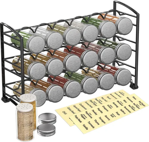 Deco Brothers Soporte para especias con 18 botellas y 48 etiquetas, color negro