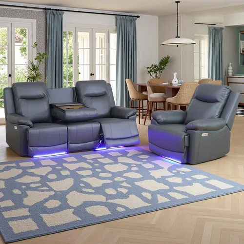 Miniatura 7 de Air Leather - Juego de sofá reclinable eléctrico con LED, juegos de muebles de sala de estar, juego de sofá reclinable eléctrico con puertos USB